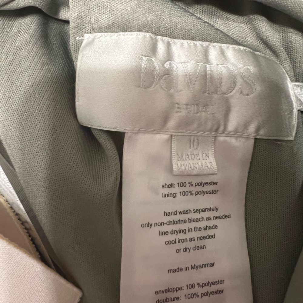 David’s bridal eucalyptus one shoulder bridesmaid dress.